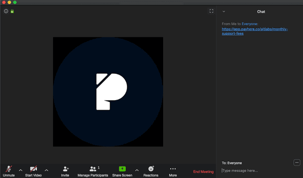 Pasting the Payhere payment link into Zoom chat