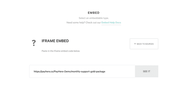 Selecting the iframe embed option and entering the Payhere plan URL in Qwilr