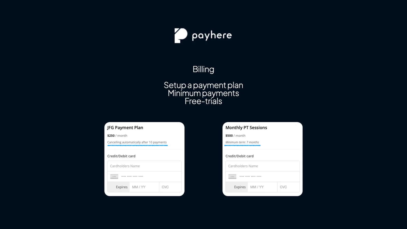 Create payment plans, minimum terms and free trials