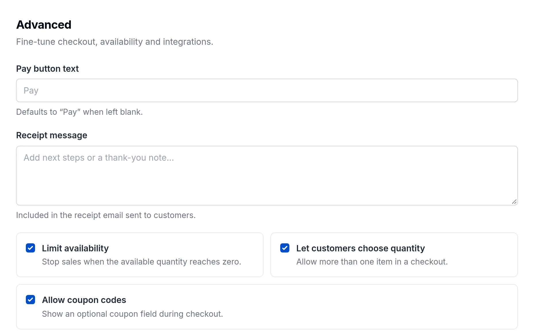 Advanced one-off payment link settings with Let customers choose quantity checked