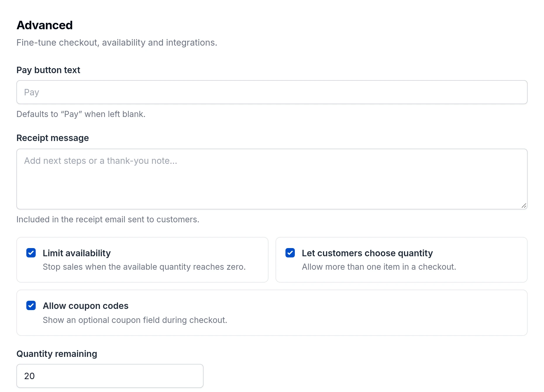 Advanced settings with Limit availability checked and Quantity remaining set to 20