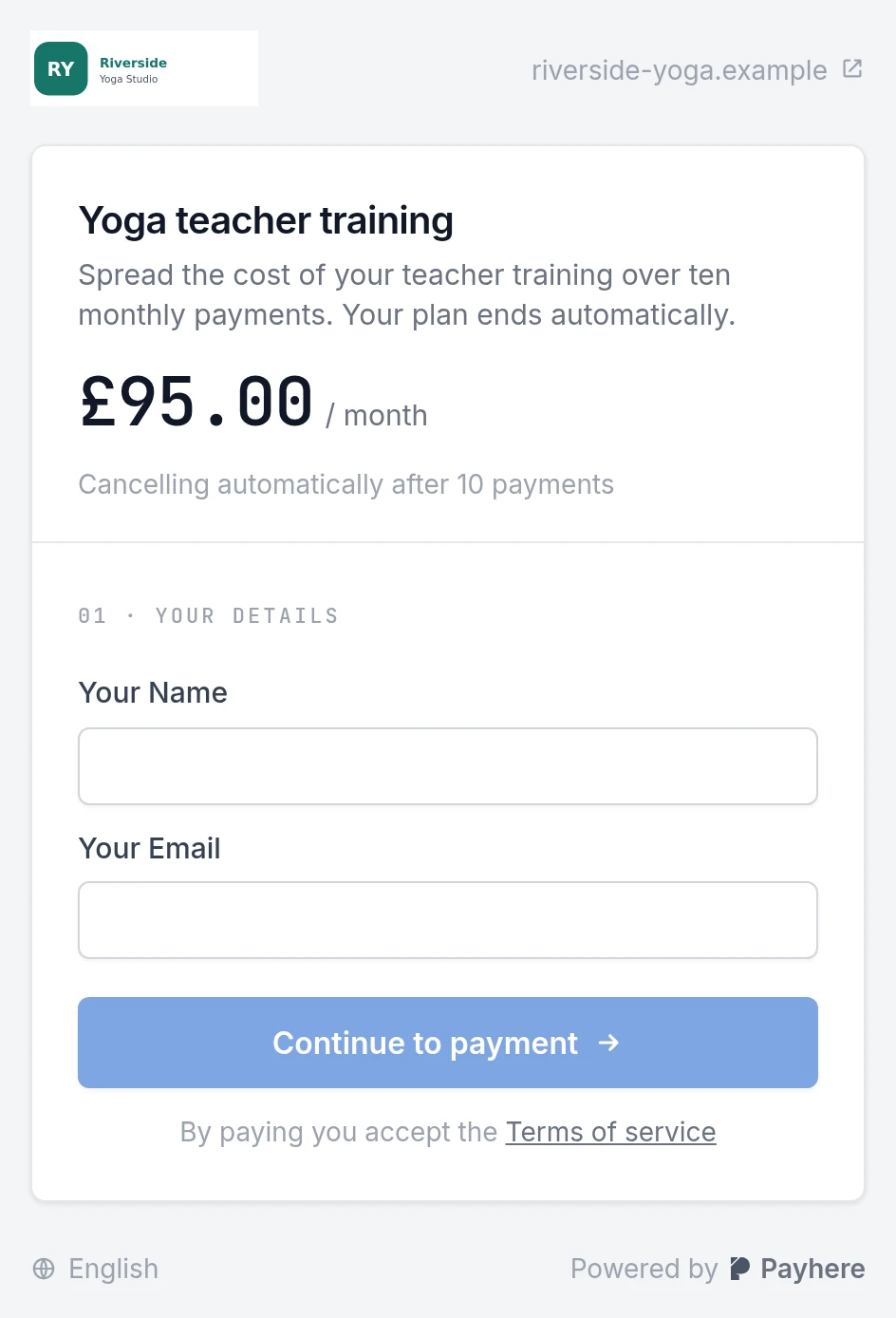 Customer checkout showing £95 per month and automatic cancellation after 10 payments