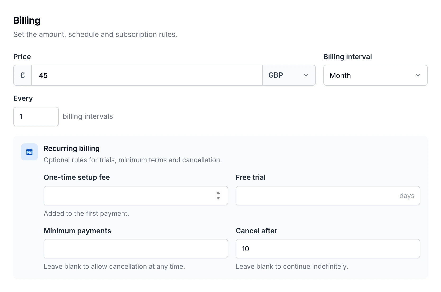 Recurring billing settings with Cancel after set to 10 payments