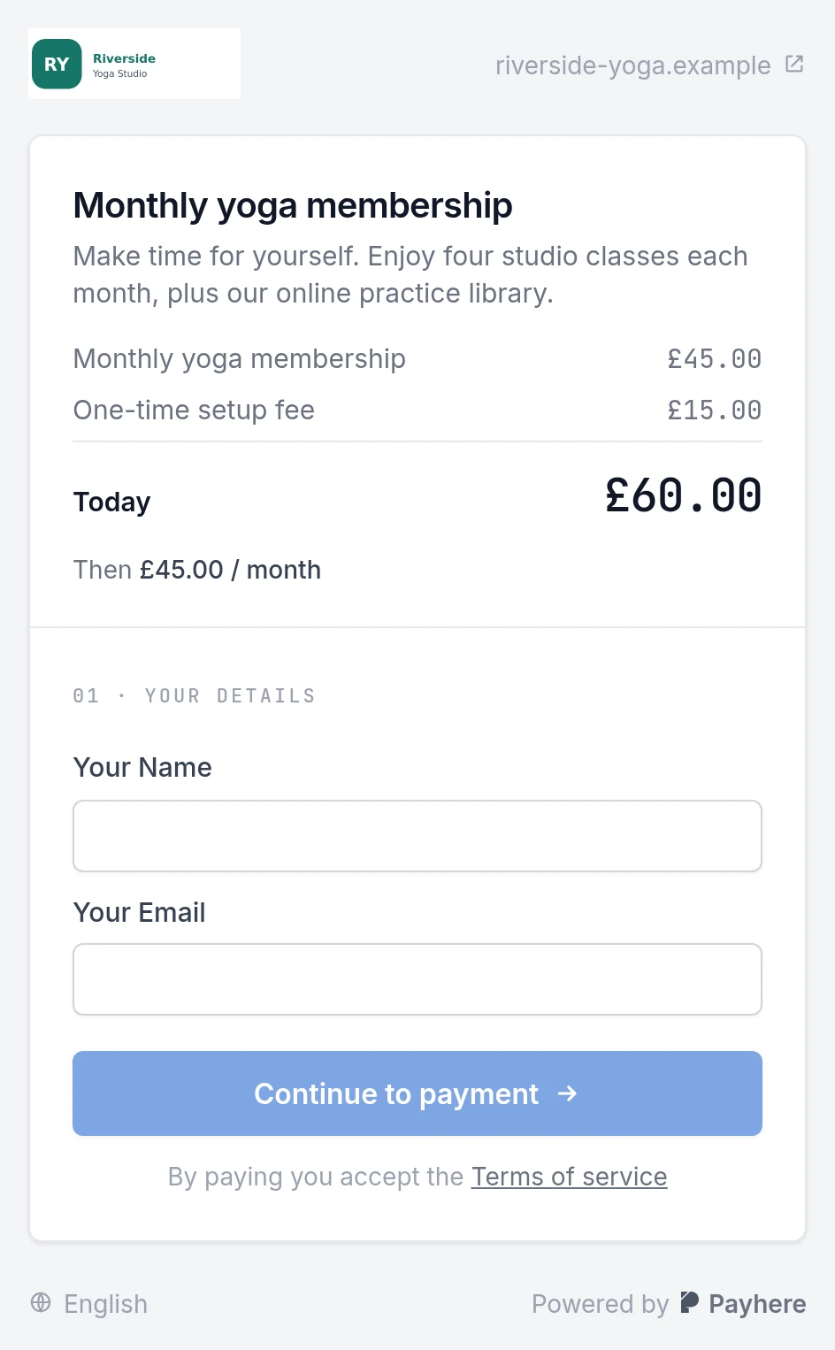 Riverside Yoga customer checkout with the studio logo, monthly membership price, setup fee and a blue pay button