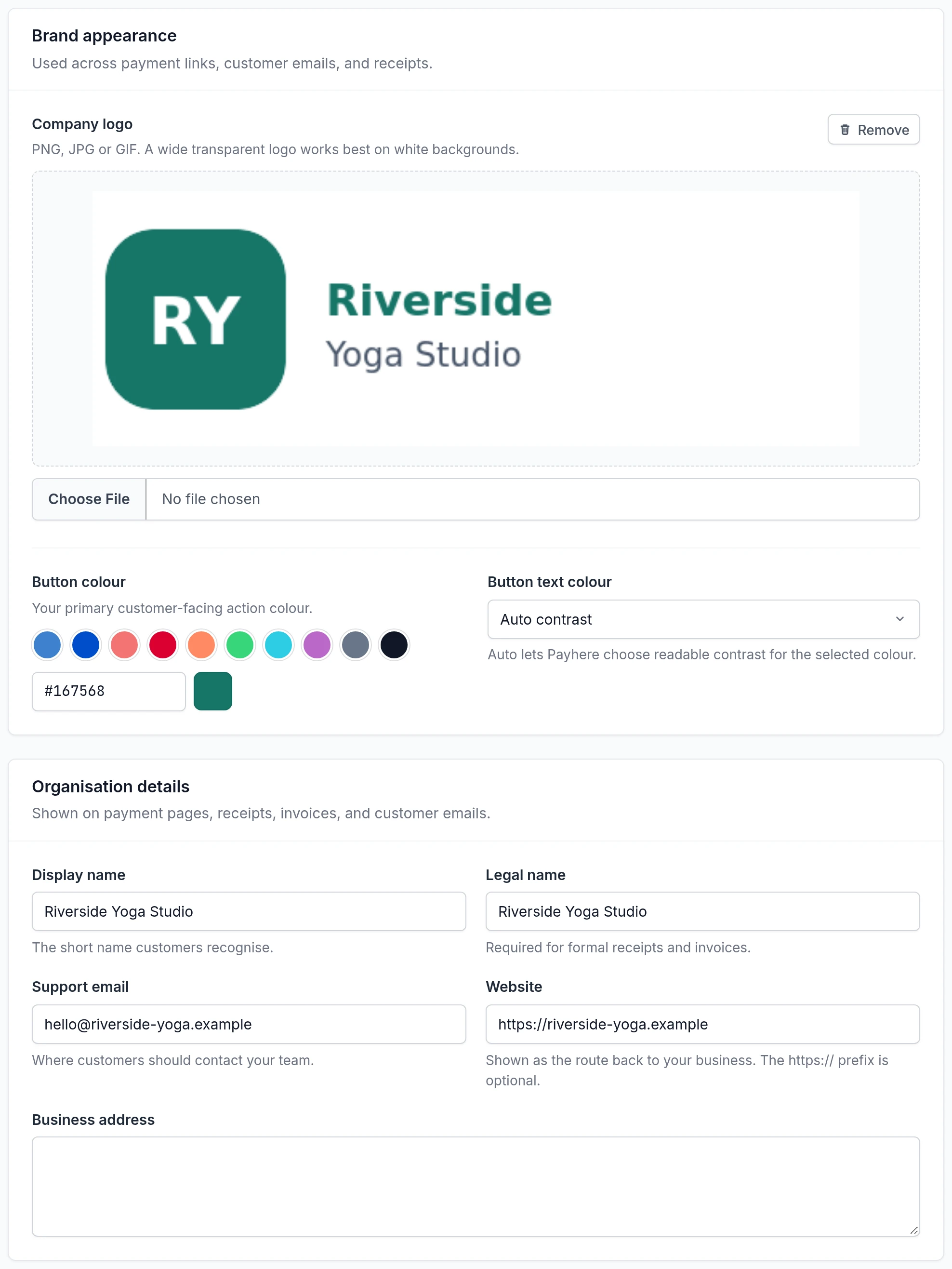 Riverside Yoga branding settings with a logo, green button colour, support email and website