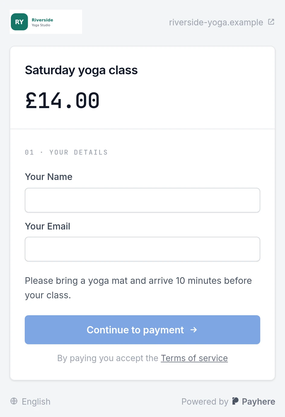 Customer payment form with a label asking customers to bring a yoga mat and arrive ten minutes early
