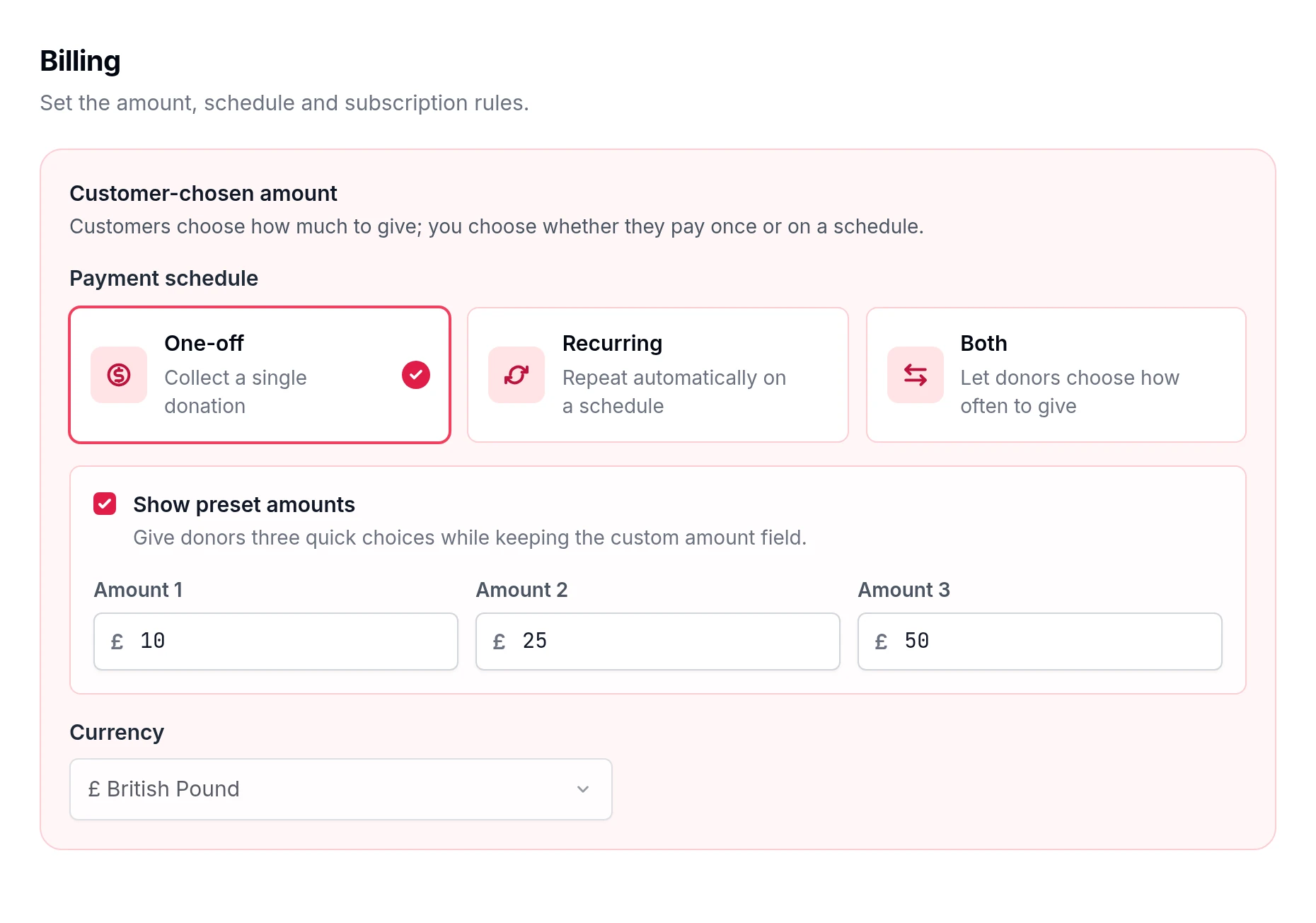 Donation billing editor with One-off selected and suggested gifts of £10, £25 and £50