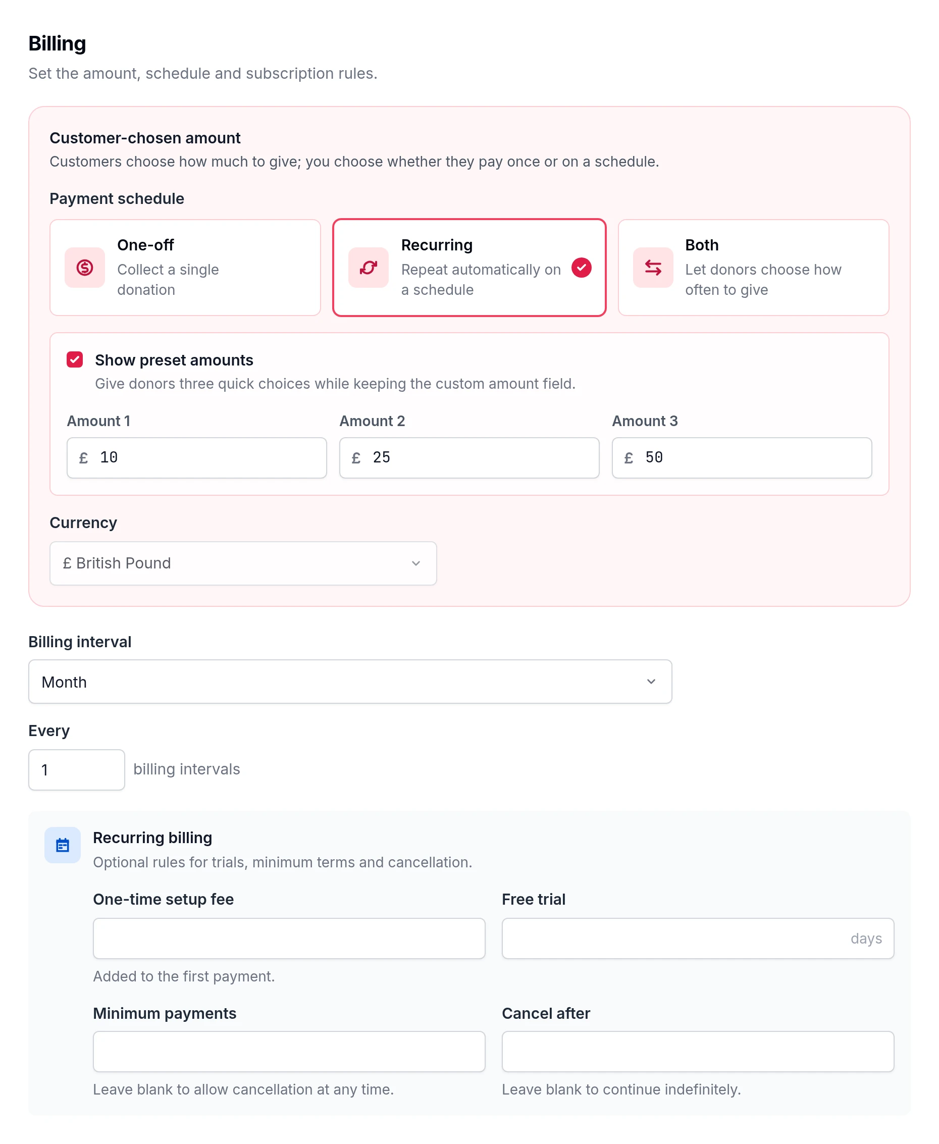 Donation billing editor with Recurring selected, GBP gift presets and monthly billing