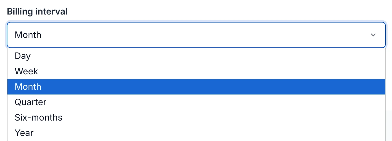 Recurring donation interval menu with day, week, month, quarter, six-month and year options