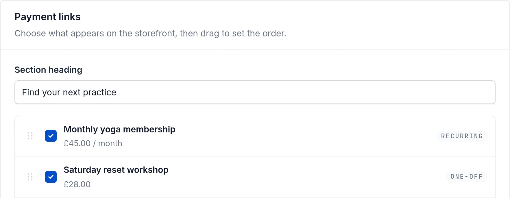 Storefront builder with two selected payment links and drag handles for changing their order