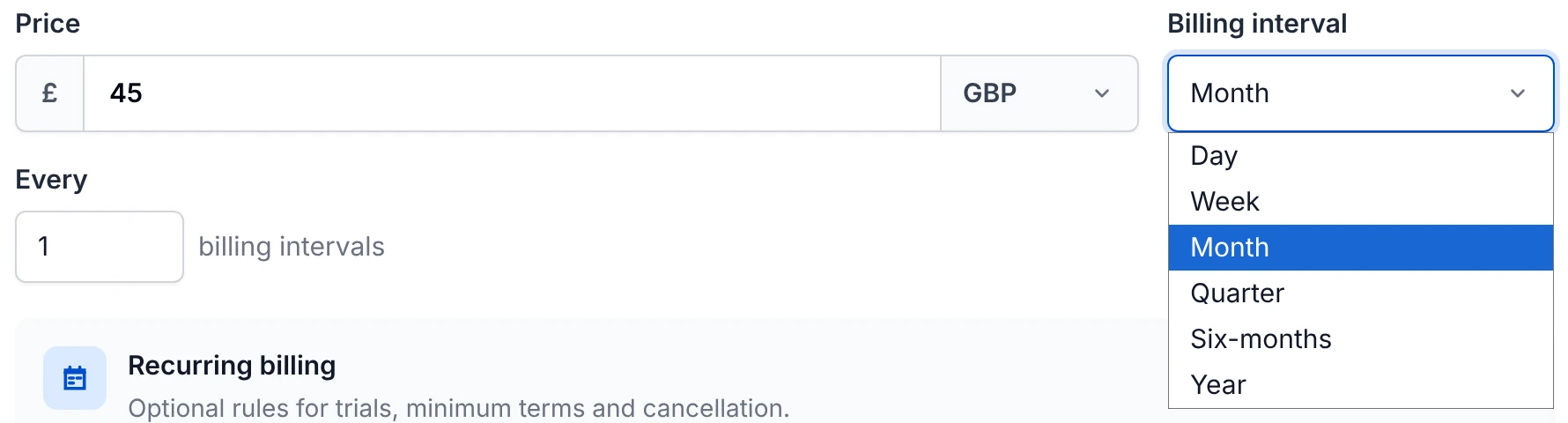 Subscription billing interval menu offering day, week, month, quarter, six-month and year options