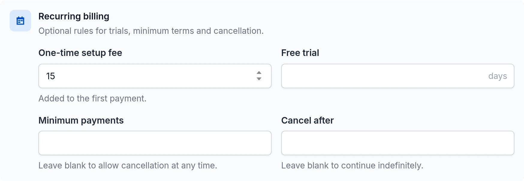 Subscription billing settings with a £15 one-time setup fee