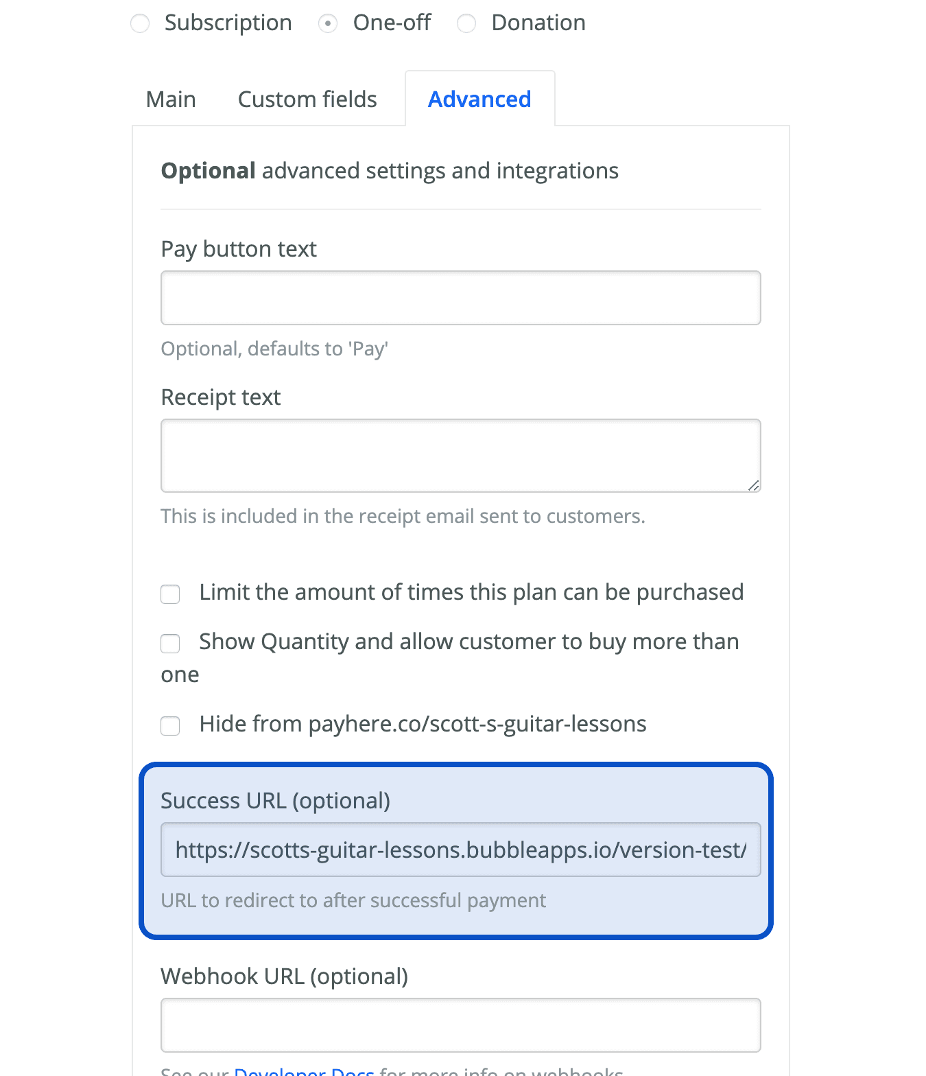 Setting the success URL in the Payhere plan builder