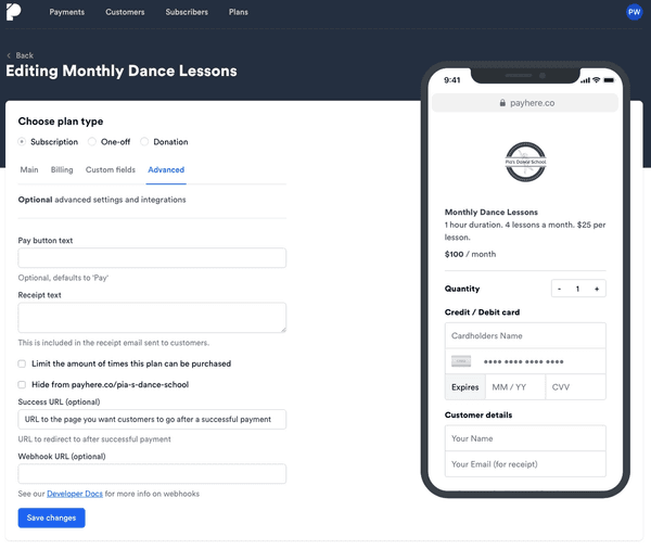 Setting the post-purchase redirect URL in the Payhere plan builder