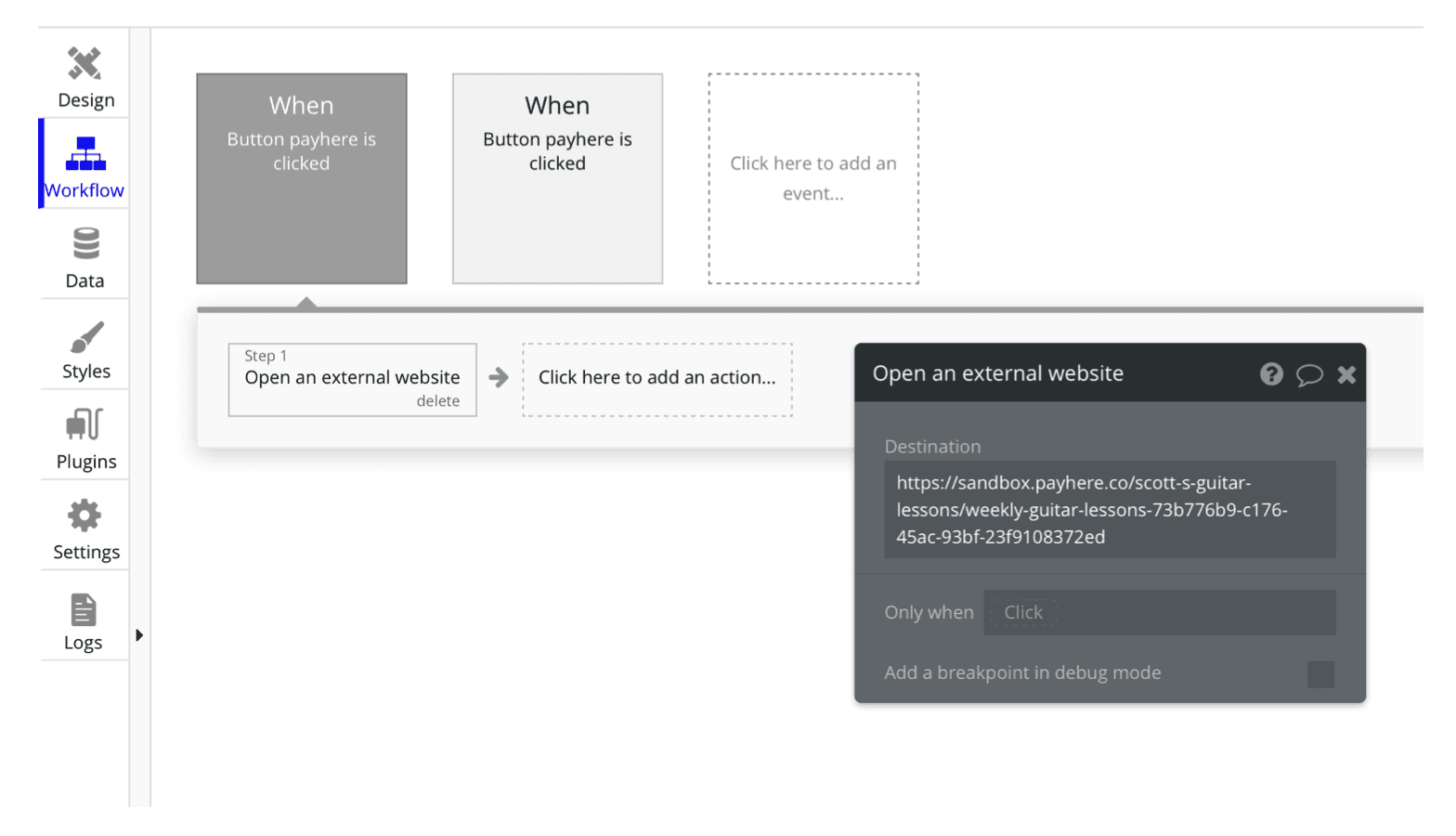 Linking a Bubble button workflow to the Payhere plan URL