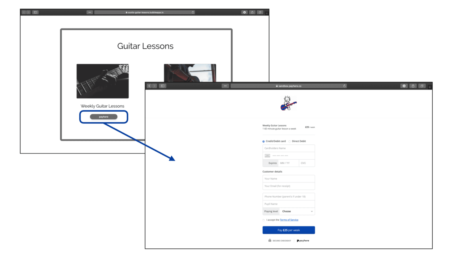 Payhere payment page opened from a Bubble app