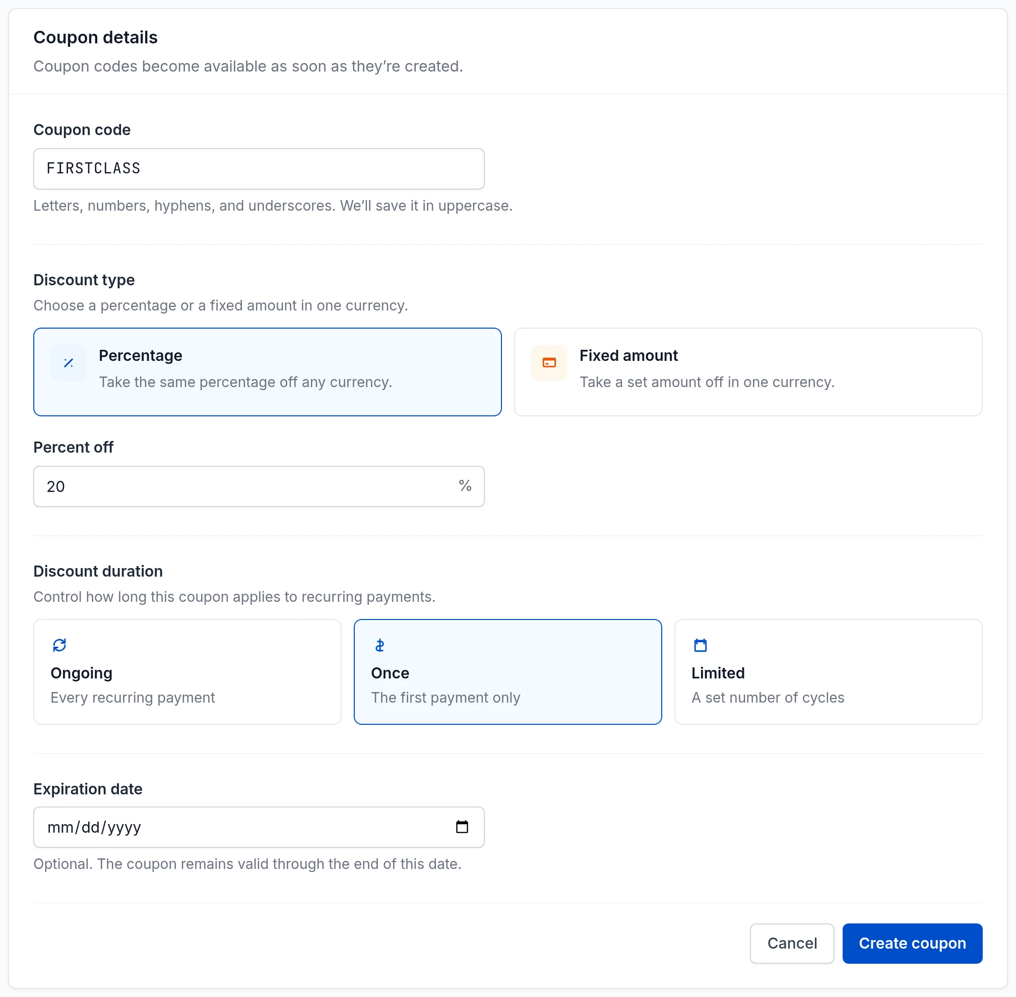 Coupon form showing FIRSTCLASS, a 20% discount, Once duration, optional Expiration date and Create coupon button
