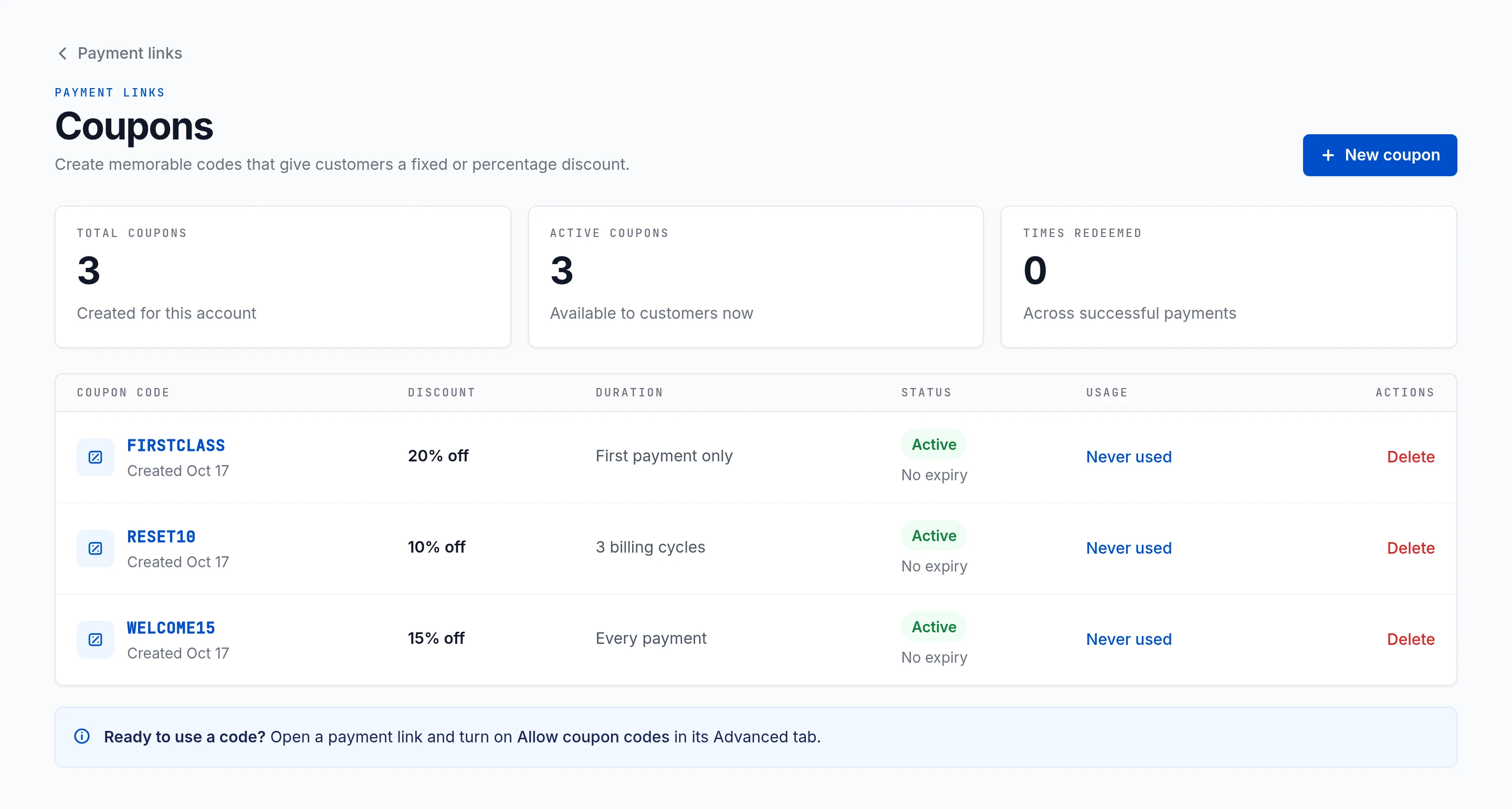 Demo coupons list showing discount, duration, status, usage and Times redeemed
