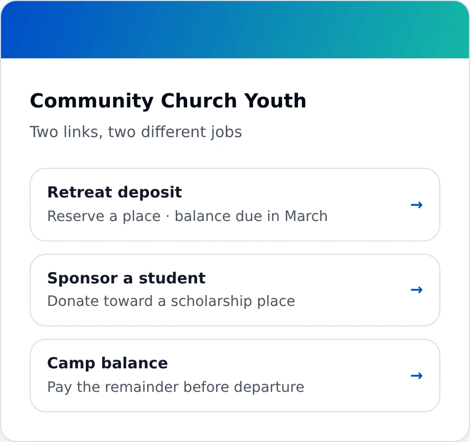 Example trip links for a retreat deposit, sponsoring a student and paying a camp balance